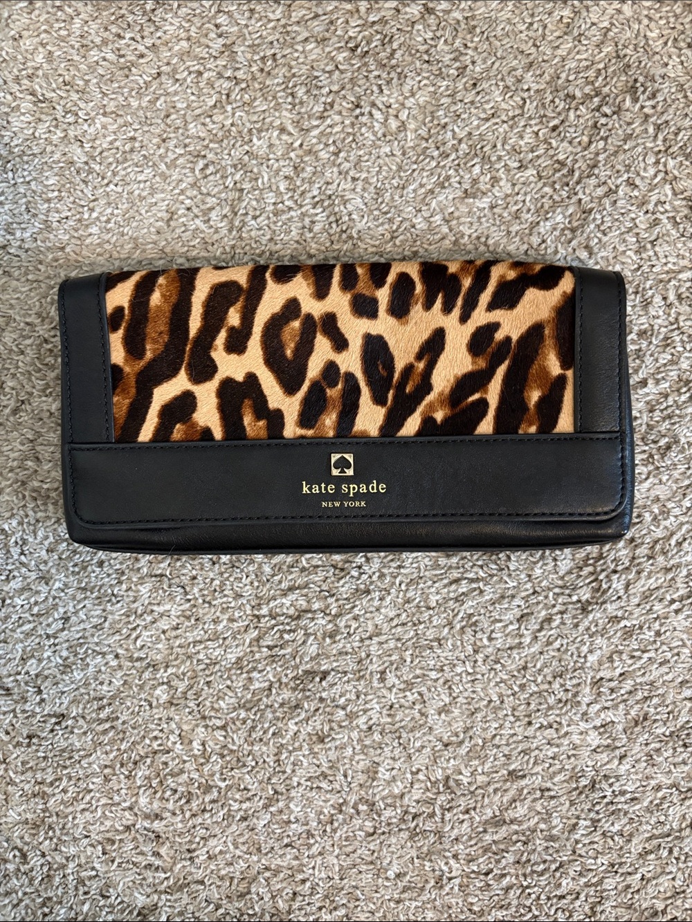 kate spade Leopard Print Leather Continental Clutch- Black & Tan